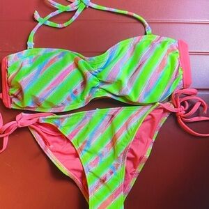 Neon Striped Bandeau Bikini Set - Pink & Lime